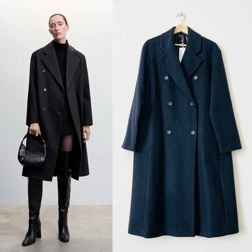 NWT Mango LARGE Check Wool-blend double breasted pea coat- black/gray